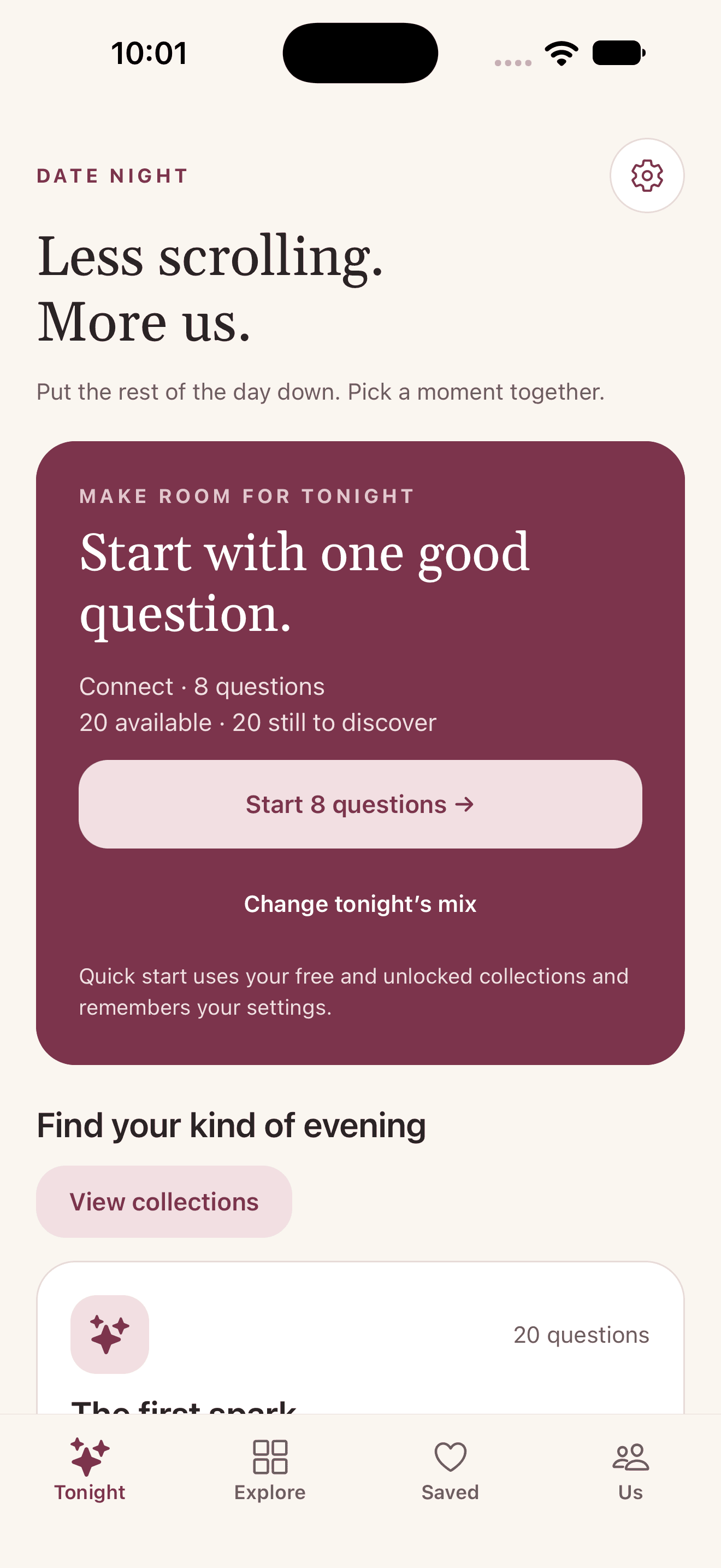 Date Night native iOS preview: Choose the kind of evening you want.