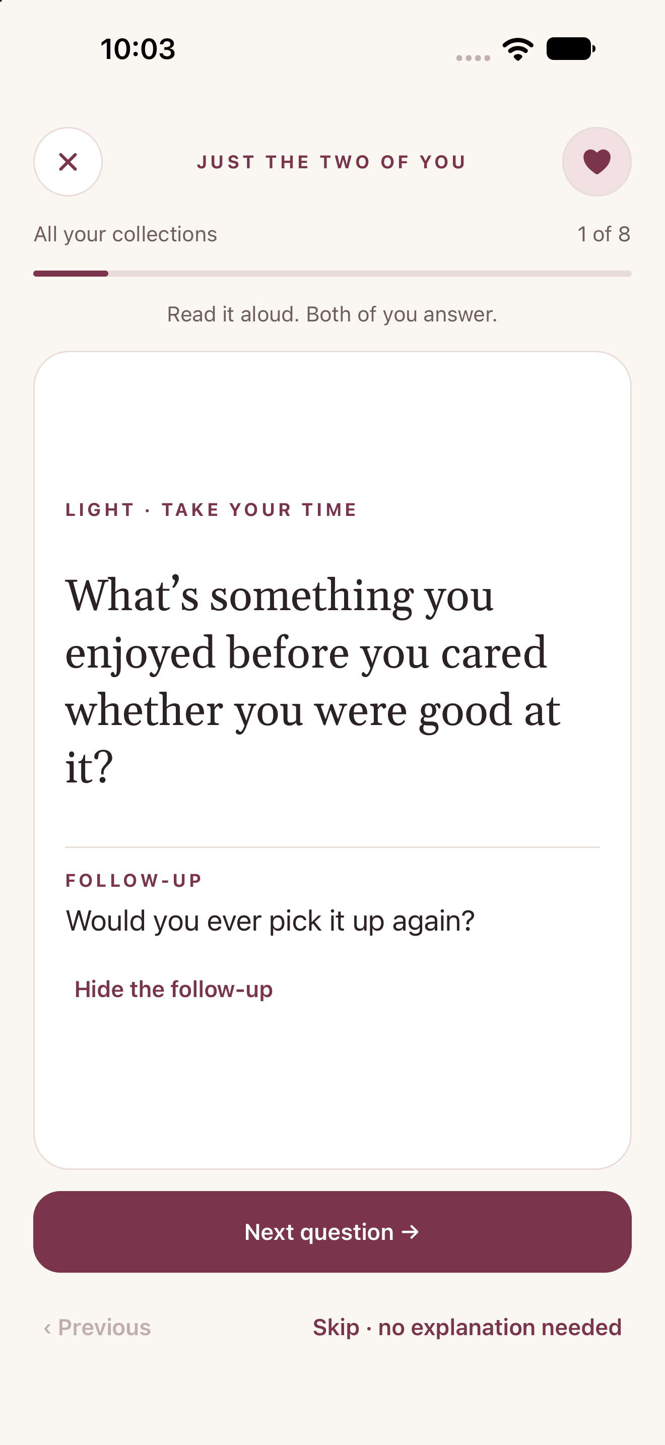 Date Night native iOS preview: Open a follow-up and keep talking.