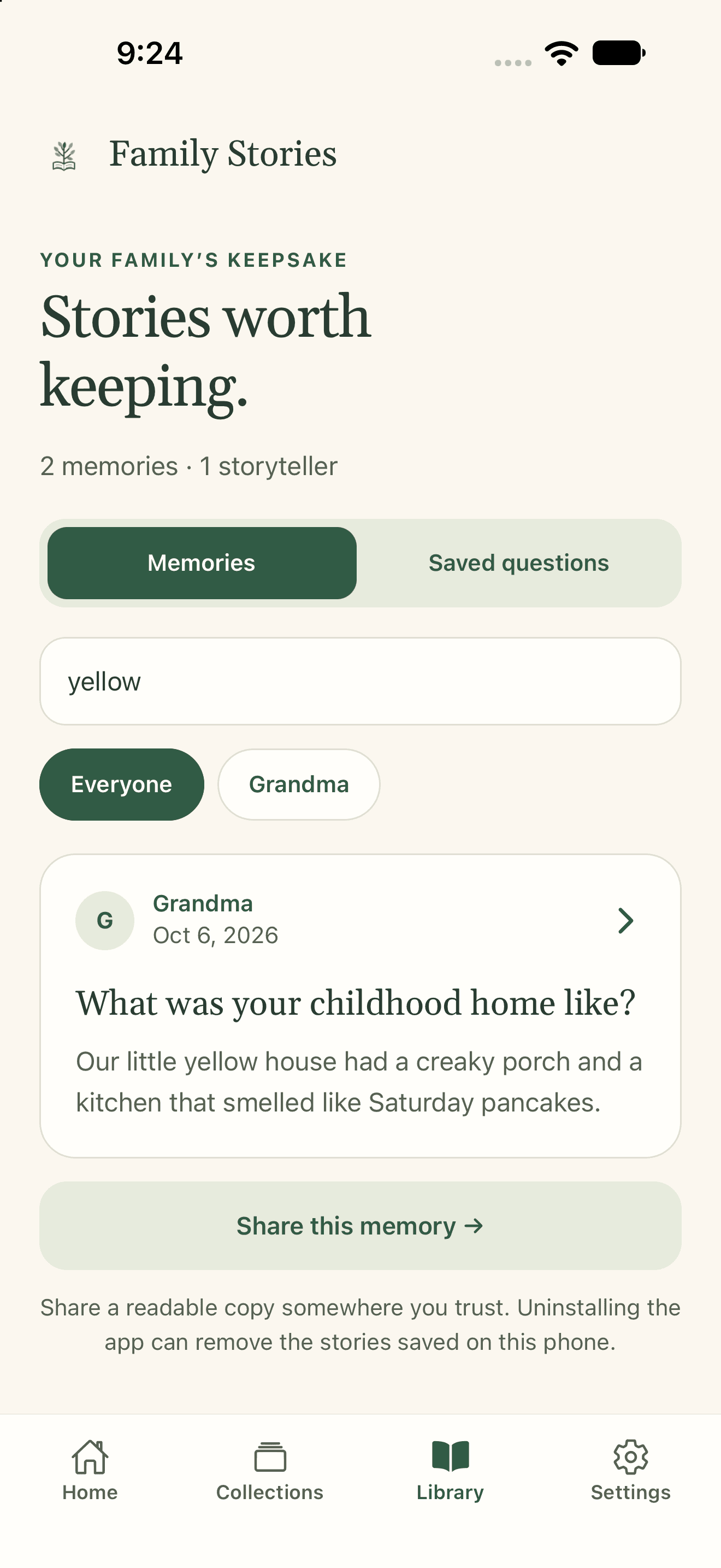 Family Stories native iOS preview: Return to your searchable story library.