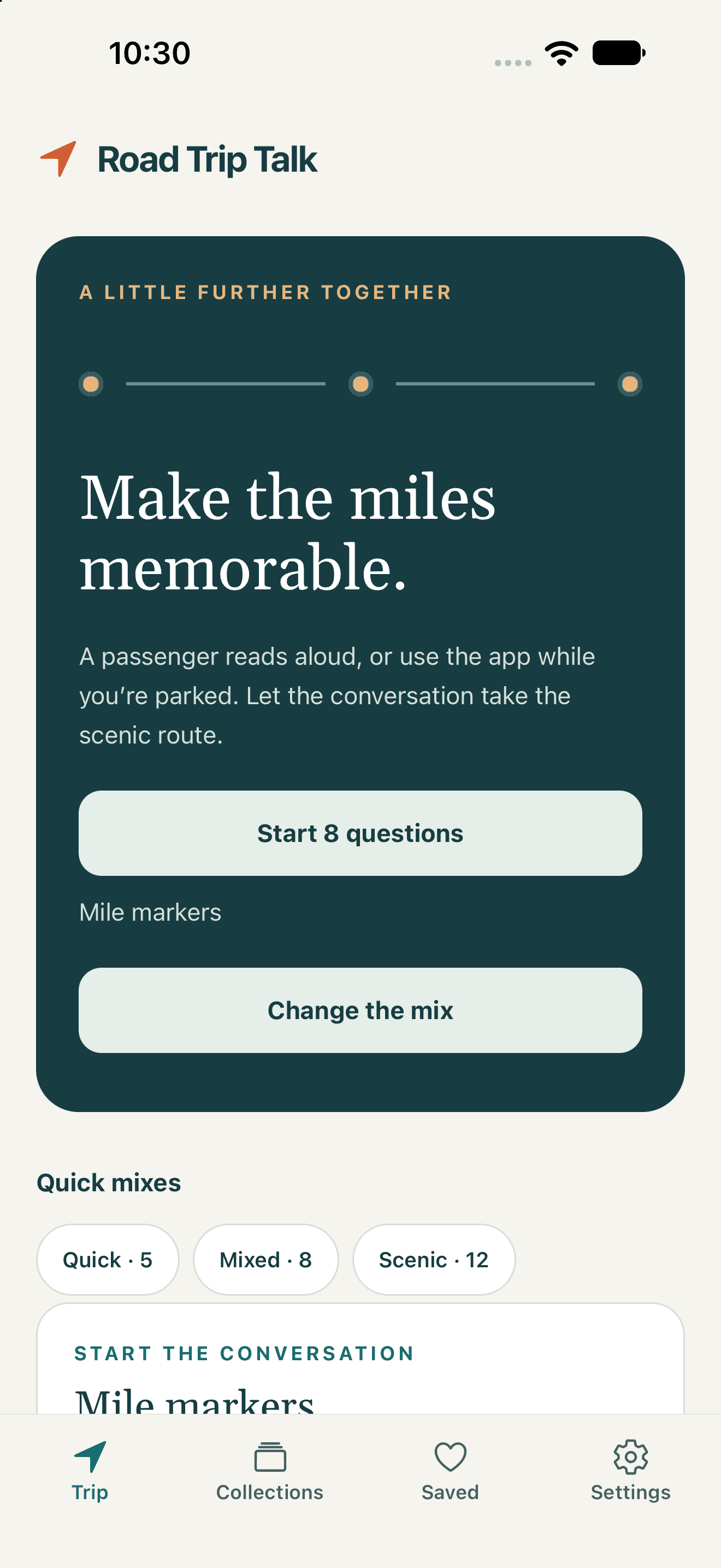 Road Trip Talk native iOS preview: Choose a quick mix or make your own playlist.
