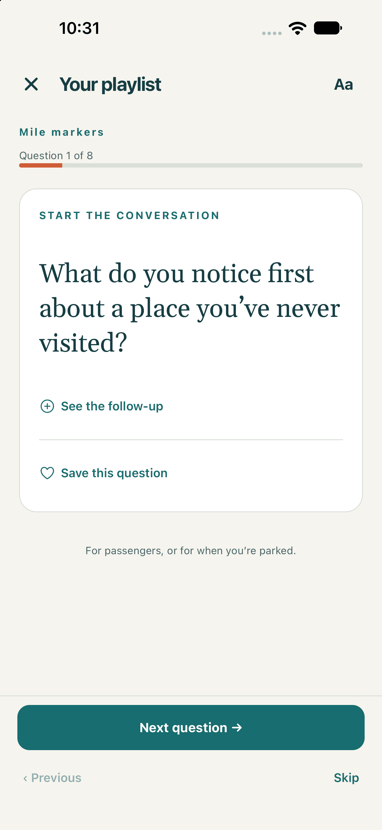 Road Trip Talk native iOS preview: Read one question aloud as a passenger.