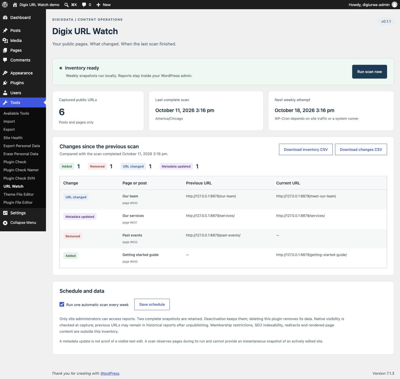 Digix URL Watch dashboard showing scan health and examples of added, removed, changed URL and updated metadata rows.